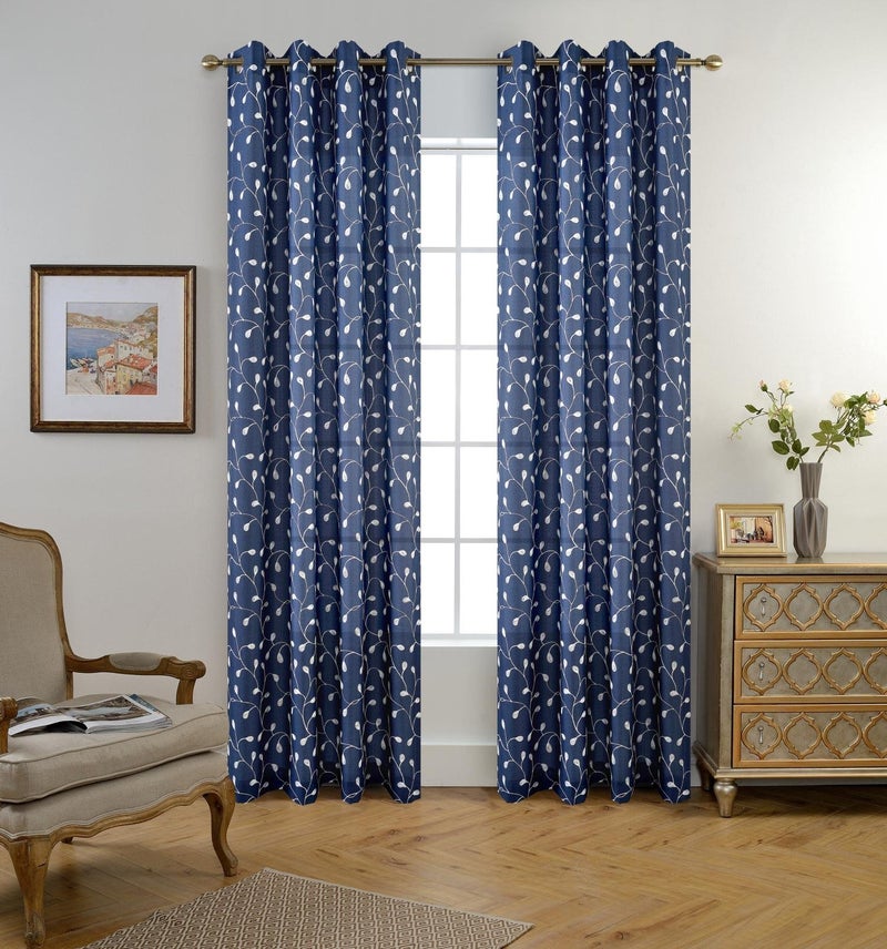 MIUCO Floral Embroidered Semi Sheer Curtains Faux Linen Grommet Curtains for Bedroom 52 x 84 Inch 2 Panels, Navy Blue - Image 2
